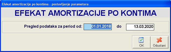 Postavljanje parametara izvetaja 'Efekat amortizacije po kontima'