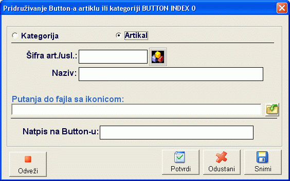 Izgled forme za pridruivanje artikla/usluge/kategorije brzom button-u