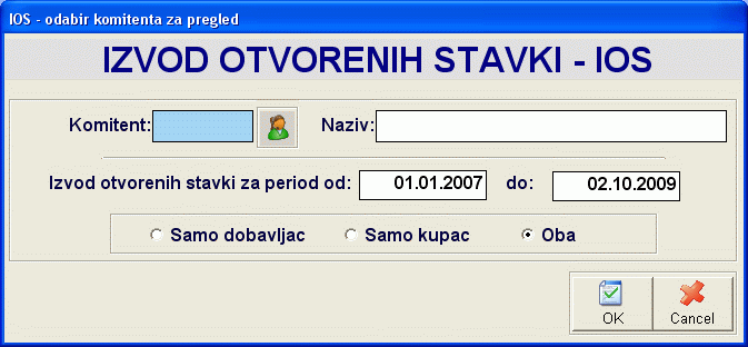 Postavljanje parametara izvoda otvorenih stavki