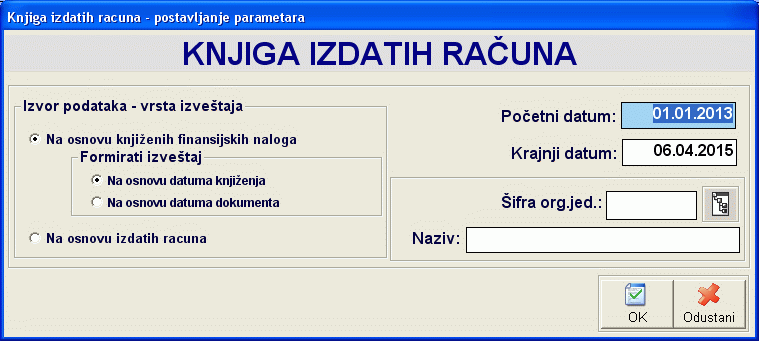 Postavljanje parametara knjige izdatih računa