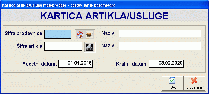 Postavljanje parametara kartice artikla