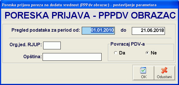 Postavljanje parametara za formiranje poreske prijave prema obrascu PPPdv