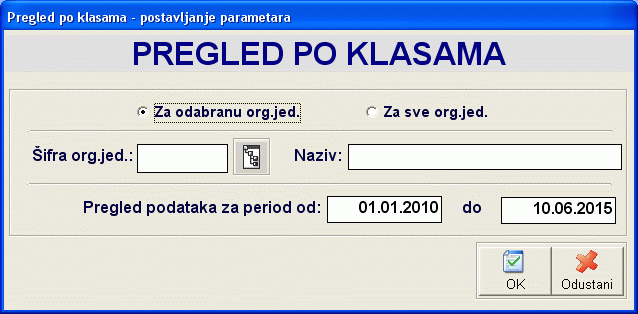 Postavljanje parametara izvetaja Pregled po klasama