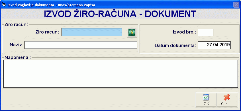 Unos zaglavlja izvoda iro računa
