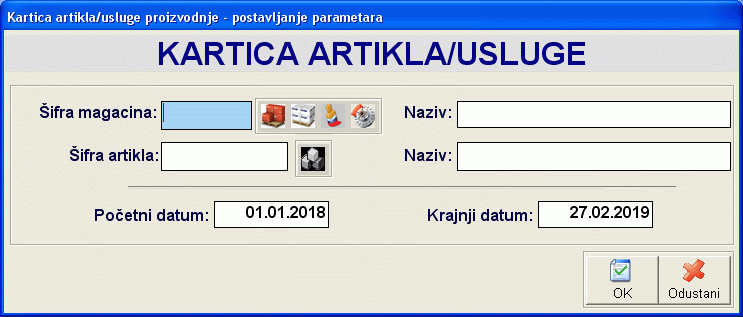 Postavljanje parametara kartice artikla u modulu MatProXP