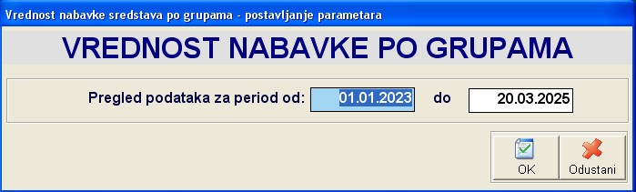 Postavljanje parametara izvetaja 'Vrednost nabavke po grupama'