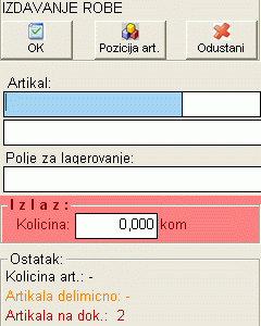 Izgled ekrana za izdavanje robe iz magacina modula WMSApp