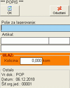 Ekran za sprovodjenje popisa po poljima unutar WMS kontrolisanog magacina